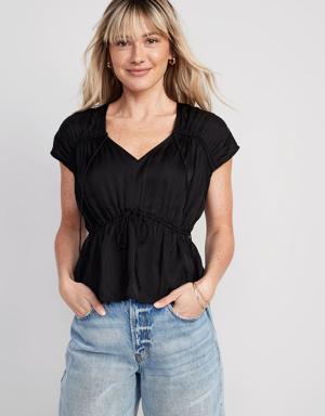 Old Navy Waist-Defined Satin Shirred Tie-Front Blouse for Women black