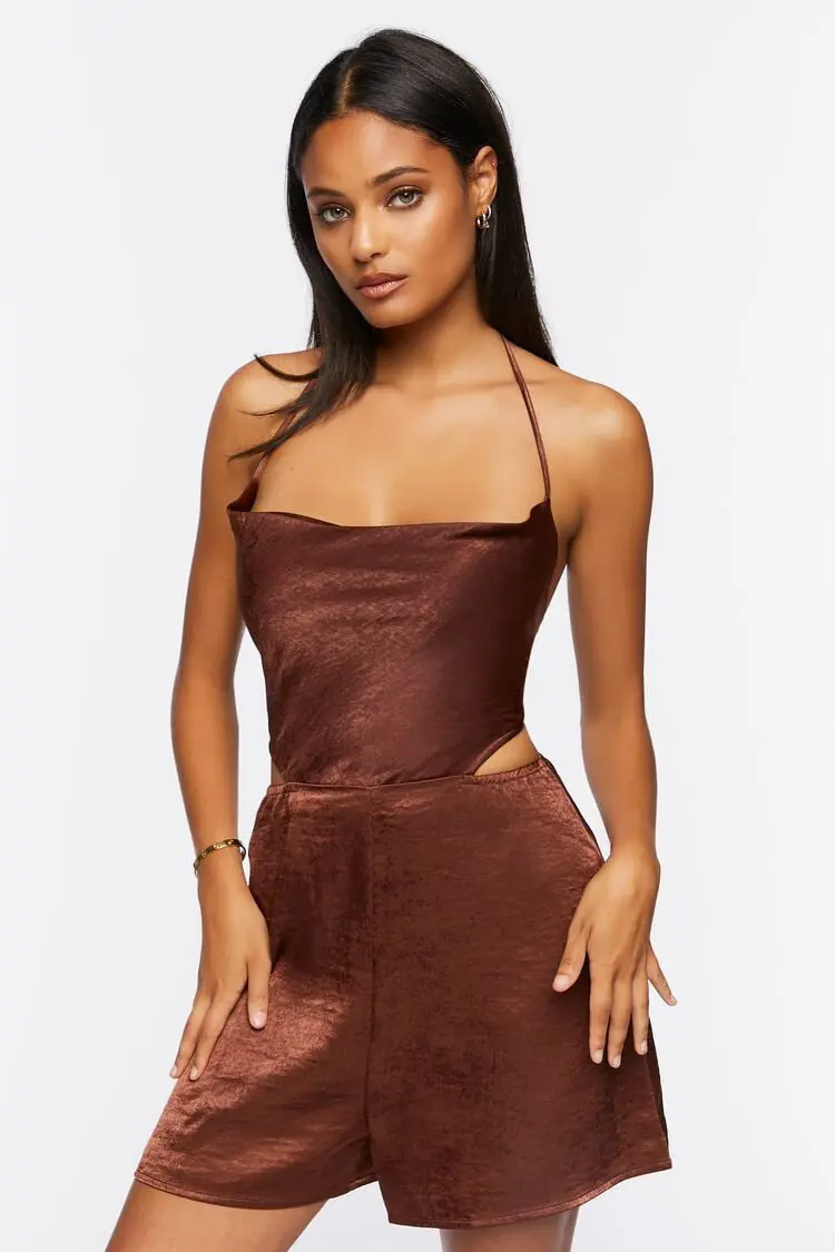 Forever 21 Forever 21 Satin Halter Cutout Romper Chocolate. 1