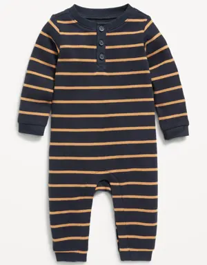 Long-Sleeve Striped Thermal-Knit Henley One-Piece for Baby blue