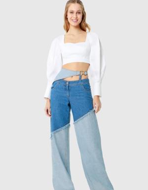 Asymmetric Cut Palazzo Blue Trousers With Belt Detail