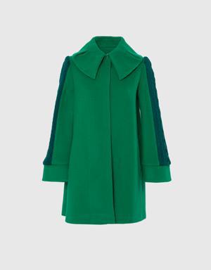 Sleeves Knitwear Detailed A Form Short Green Coat