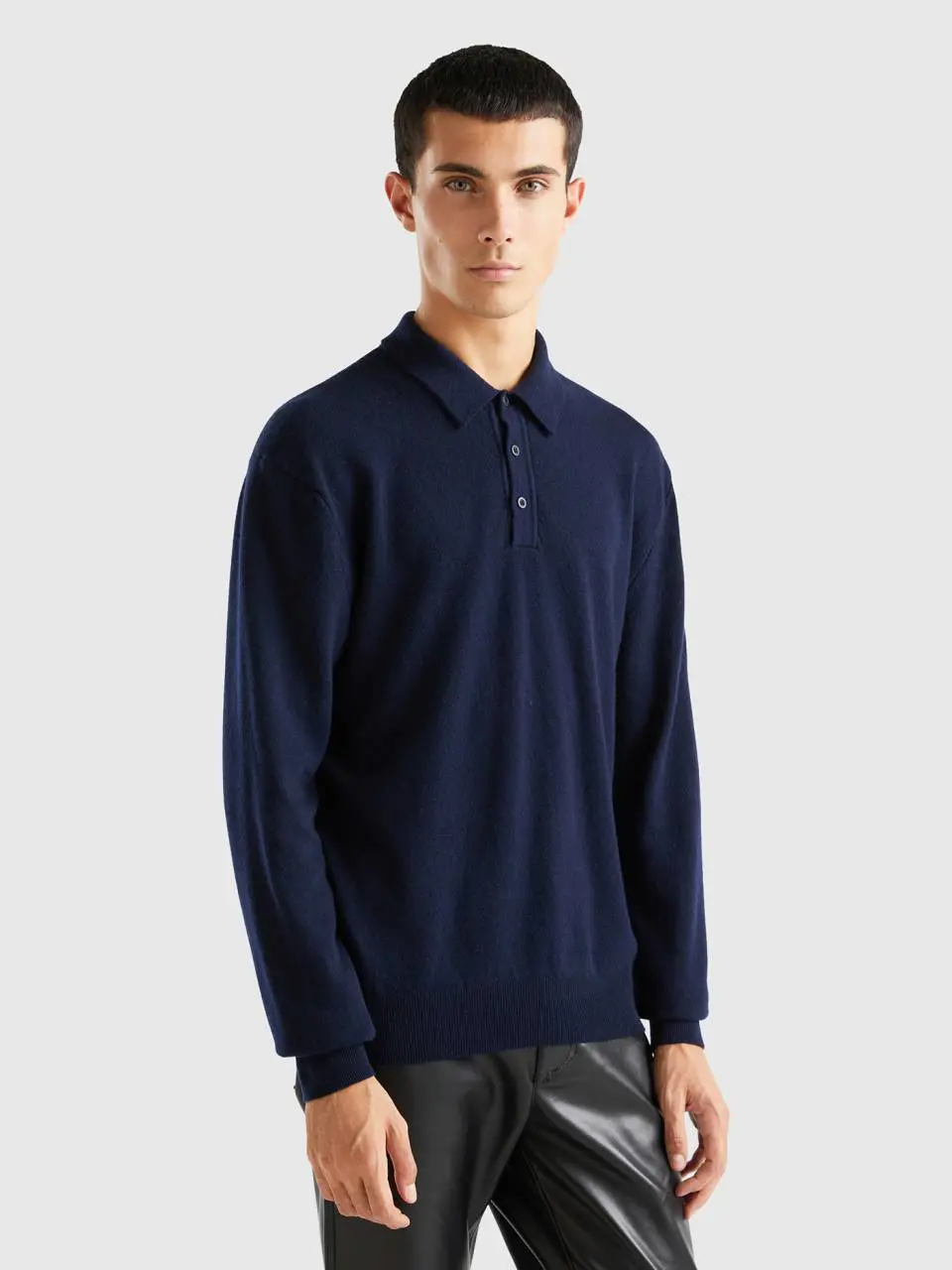Benetton dark blue polo shirt in pure merino wool. 1