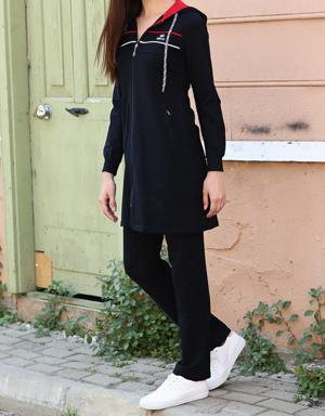 Lacivert Kapüşonlu Fermuar Cepli Rahat Form Klasik Paça Kadın Eşofman Tunik Takım - 95131