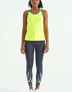 Neon Sarı Çift Askılı Sırt Detaylı Standart Kalıp Kadın Spor Atlet - 97258