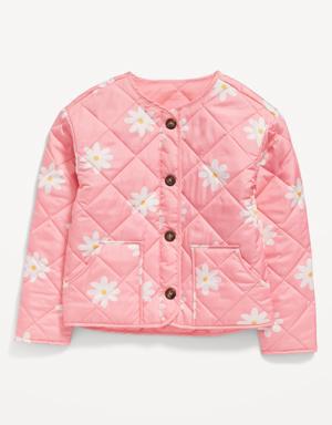 Collarless Quilted Printed Button-Front Jacket for Girls pink