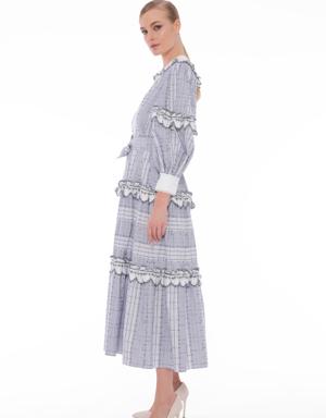 Contrast Embroidered Watermelon Sleeve Collar Detailed Long Blue Shirt Dress