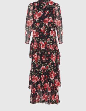 Ruffle Detailed Rose Pattern Black Long Chiffon Dress
