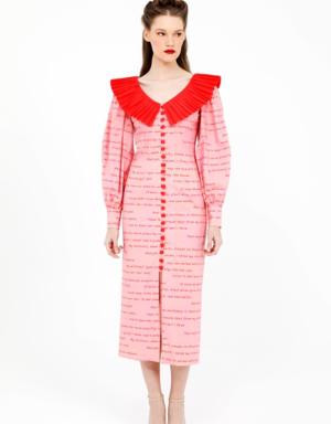 Midi Length Pink Poplin Dress With V-Neck Lettering Pattern