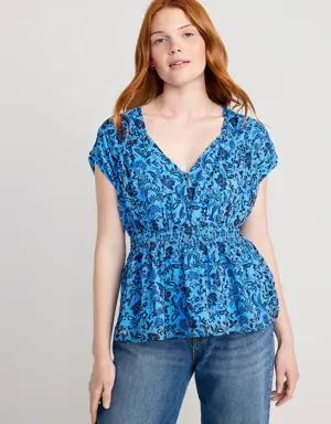 Waist-Defined Printed Dolman-Sleeve Top for Women blue