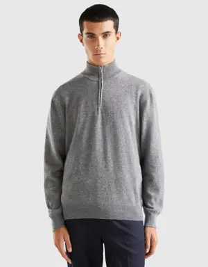 gray zip-up sweater in 100% wool