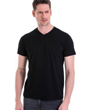 Siyah Düz Slim Fit 100% Pamuk V Yaka Tişört