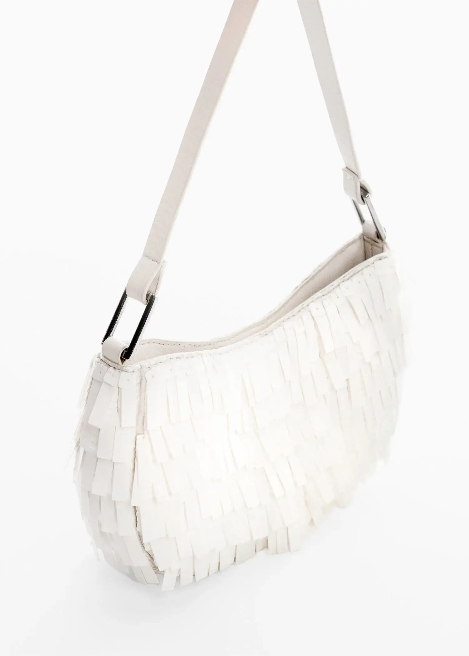 Mango Fringed shoulder bag. a white purse is shown on a white background. 
