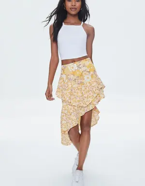 Forever 21 Floral Print High Low Skirt Mustard/Multi