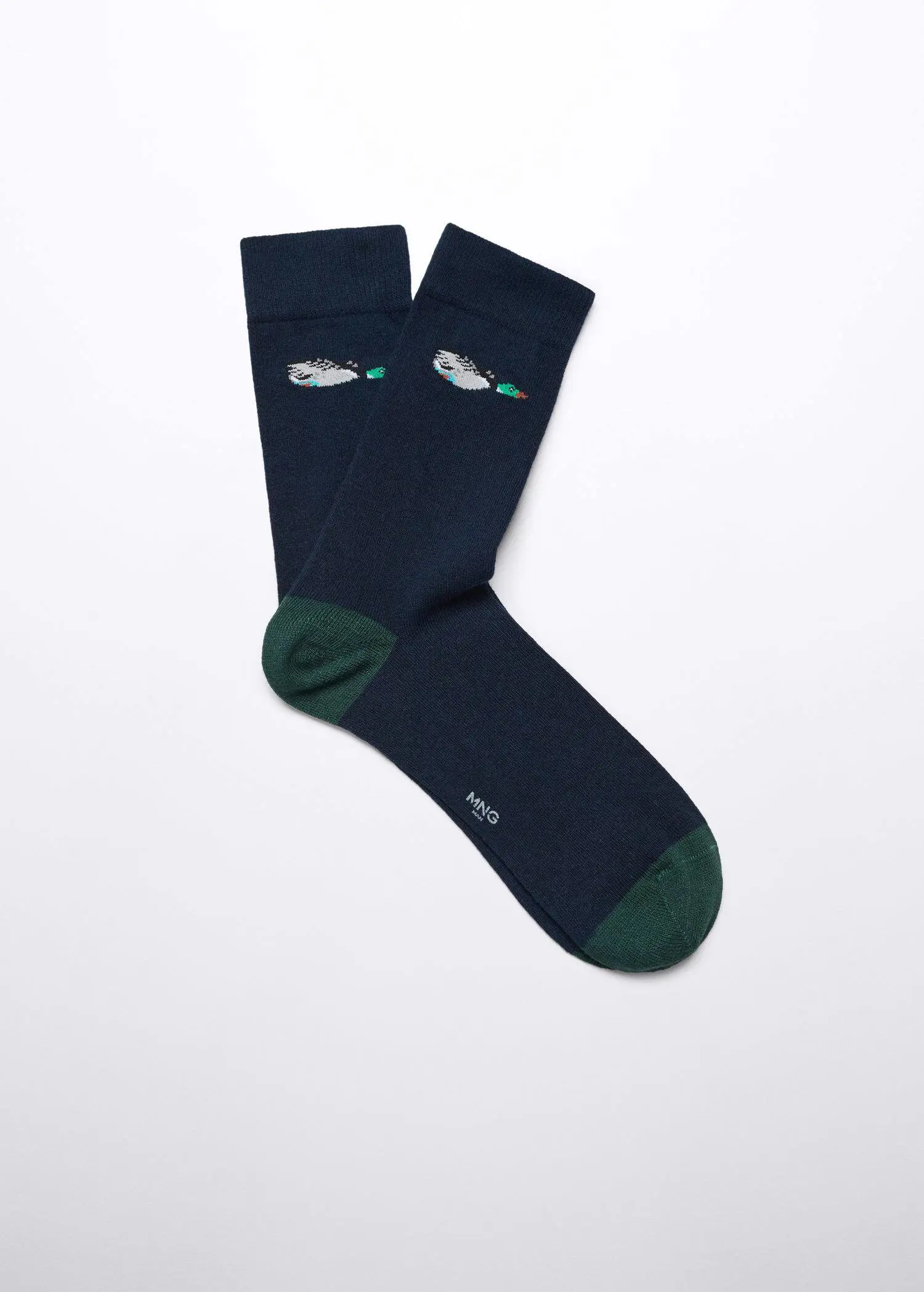 Mango Duck-design cotton socks. a pair of black socks with a green heel. 