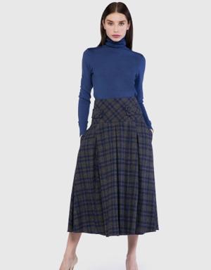 Pleated Detailed Midi Length Plaid Anthracite Wool Skirt
