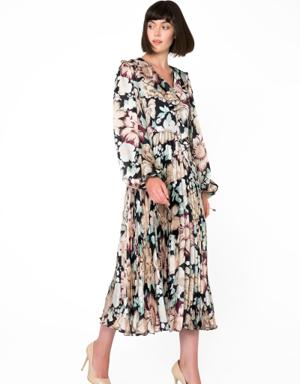 Floral Pattern V-Neck Long Pleated Dress