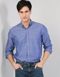 Regular Fit Shirt Neck Erkek Mavi Uzun Kol Gömlek