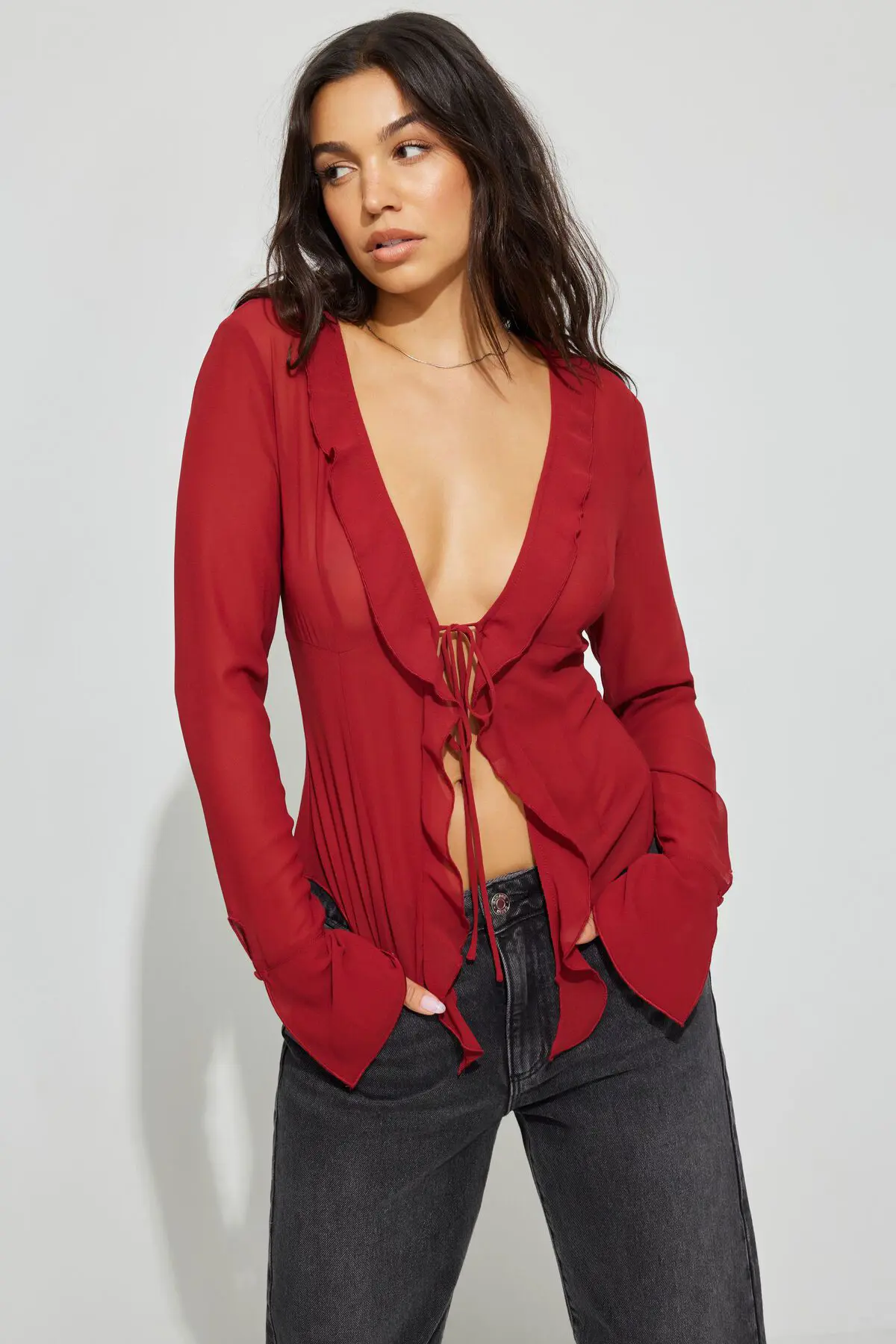 Garage Sheer Long Sleeve Ruffled Top. 1