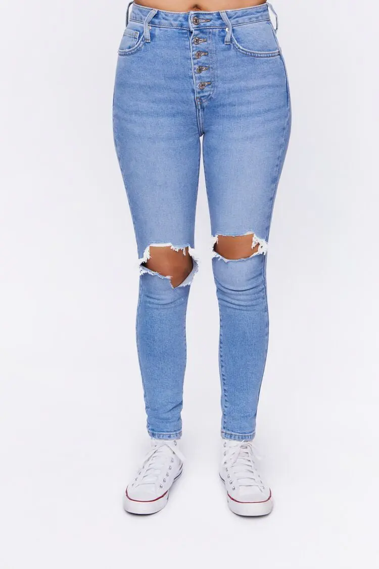 Forever 21 Forever 21 Recycled Cotton Distressed Skinny Jeans Light Denim. 1