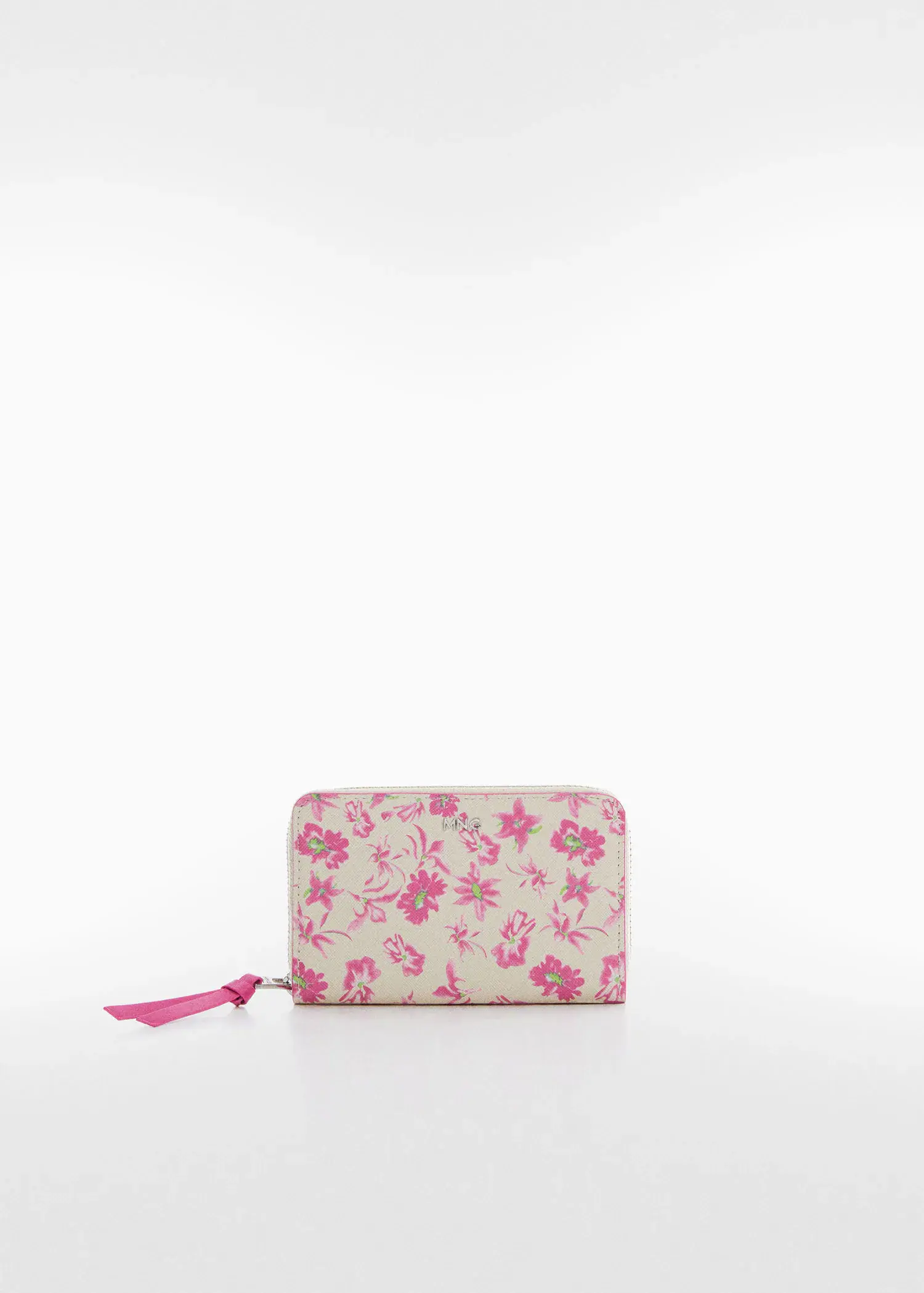 Mango Floral saffiano-effect wallet. a white and pink wallet sitting on top of a white table. 