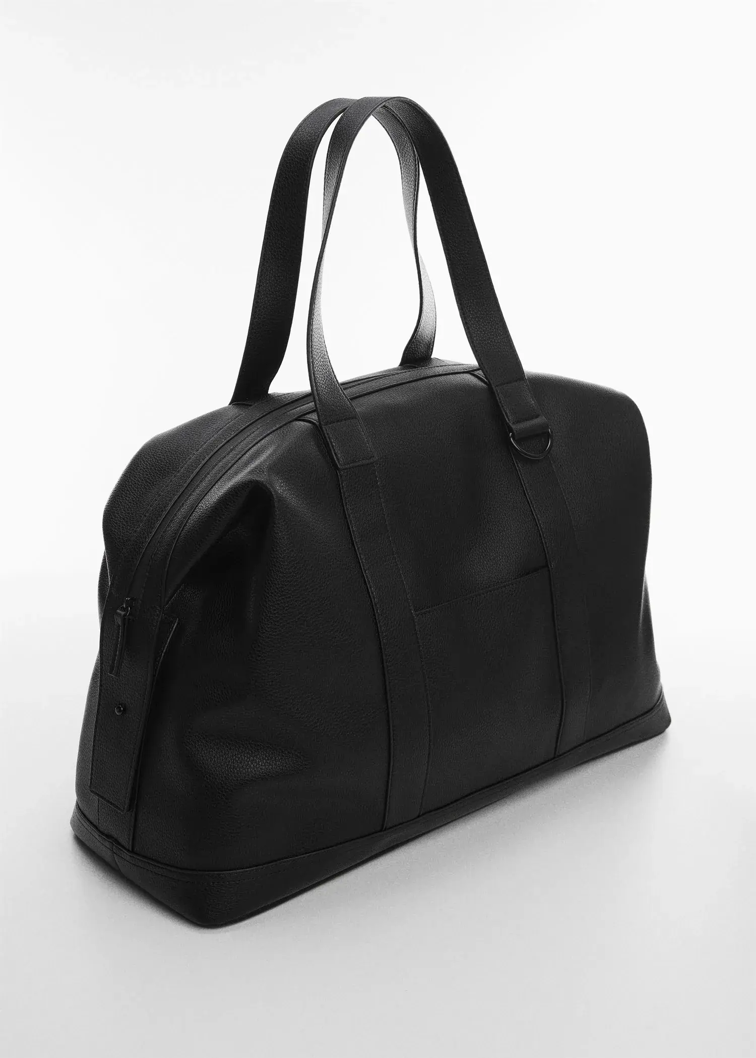Mango Leather-effect travel bowling bag. a black bag is sitting on a white surface 