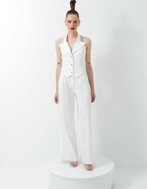 Beige Suit With Open-Back Chain Detail Vest And Pleated Comfortable Cut Baggy Trousers