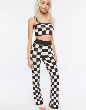 Forever 21 Sweater Knit Checkered Crop Top &amp; Pants Set Brown/Multi