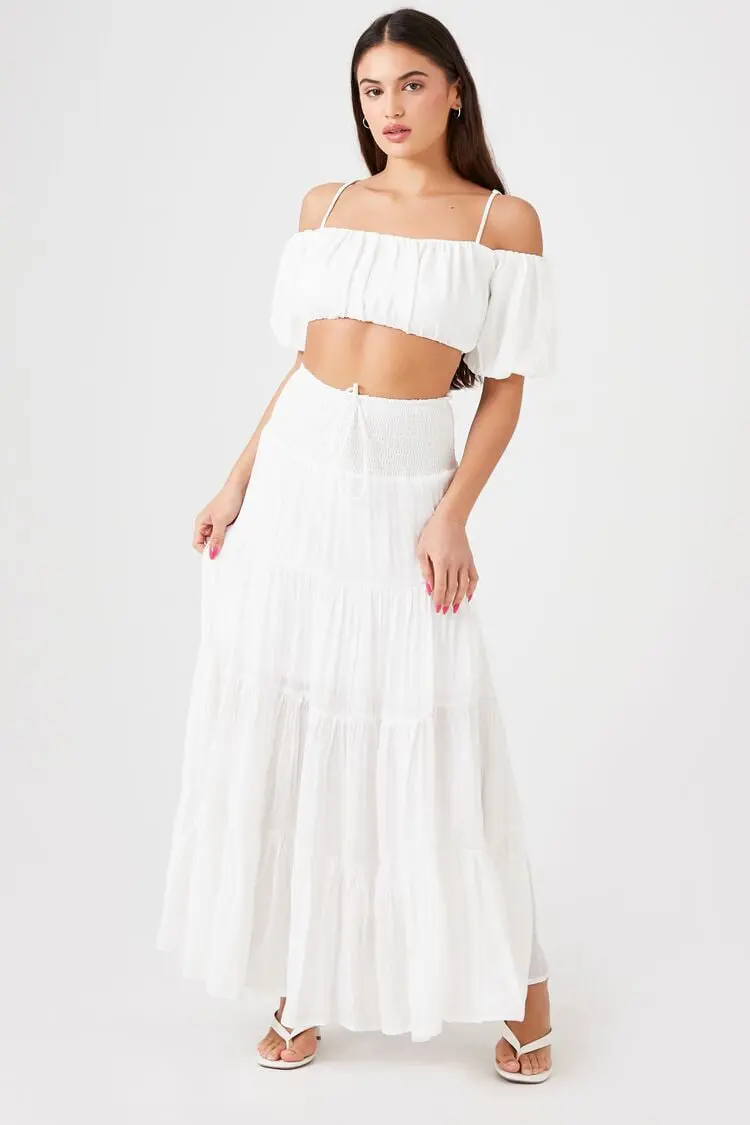 Forever 21 Forever 21 Smocked Maxi Peasant Skirt White. 1