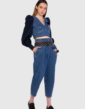 Garni Fabric Detailed Blue Slouchy Jeans