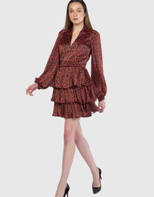 Pleat And Ruffle Detailed Patterned Mini Red Dress