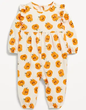 Printed Long-Sleeve Ruffle-Trim Jumpsuit for Baby orange