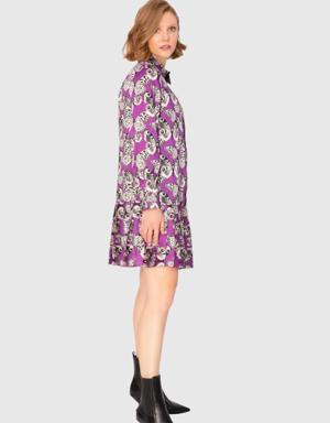 Patterned Pleated Mini Purple Dress