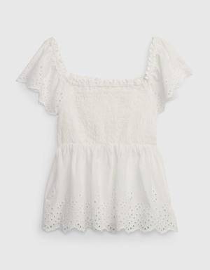 Kids Eyelet Flutter Sleeve Top white