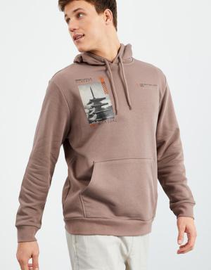 Toprak Desen Baskılı Kapüşonlu Rahat Form Erkek Sweatshirt - 88015