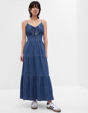 Tie-Front Tiered Denim Maxi Dress blue