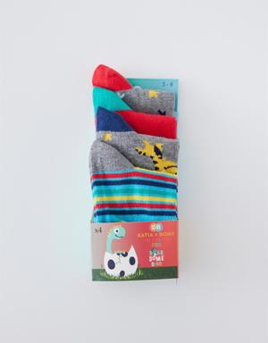 4'lü Paket Dino Erkek Çocuk Soket Çorap Desenli