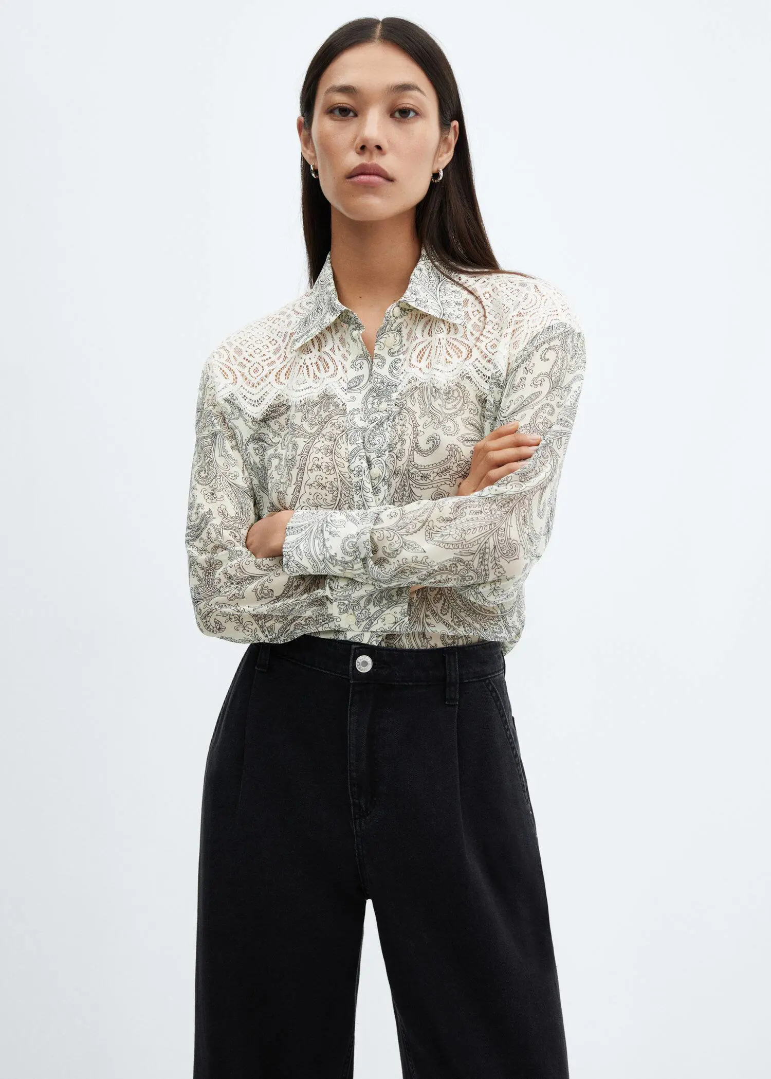 Mango Paisley-print lace-detail shirt. 1