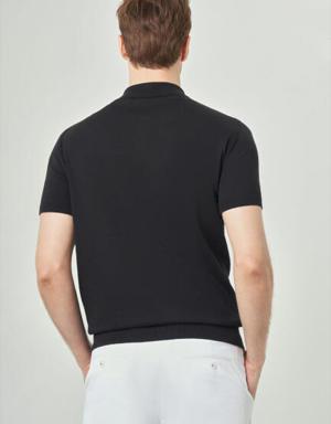 Erkek Kısa Kol Polo Yaka Düğmeli Basic Yazlık Triko T-Shirt SIYAH