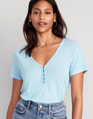 Old Navy Linen-Blend V-Neck Henley T-Shirt for Women blue