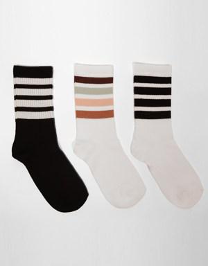 3'lü Paket Şeritli Kadın Soket Çorap Siyah/Beyaz