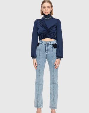 Neck And Sleeves Knitwear Ruffle Detailed Navy Blue Jersey Crop Top