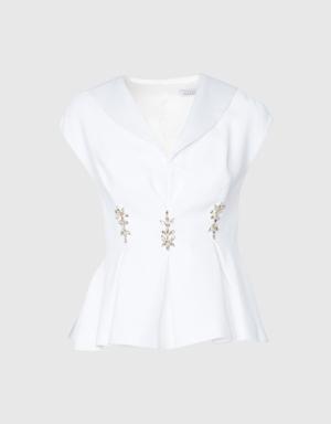 Pleated Detailed Embroidered Ecru Blouse
