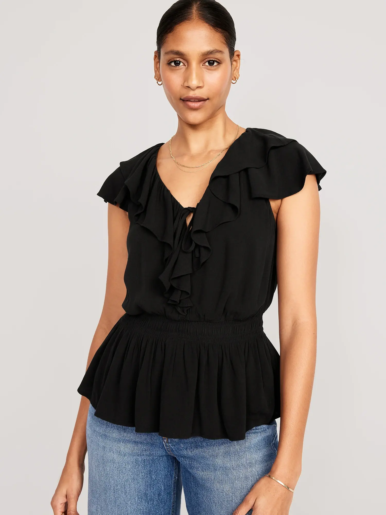 Old Navy Waist-Defined Ruffle-Trim Top for Women black. 1