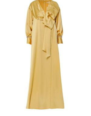 Bow Detailed V Neck Flowy Long Yellow Evening Dress