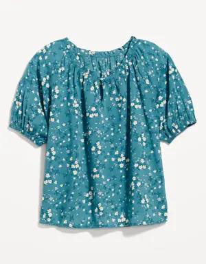 Puff-Sleeve Floral Swing Blouse for Women blue