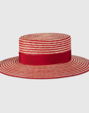 Striped raffia wide-brimmed hat