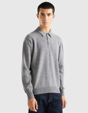 gray polo shirt in pure merino wool
