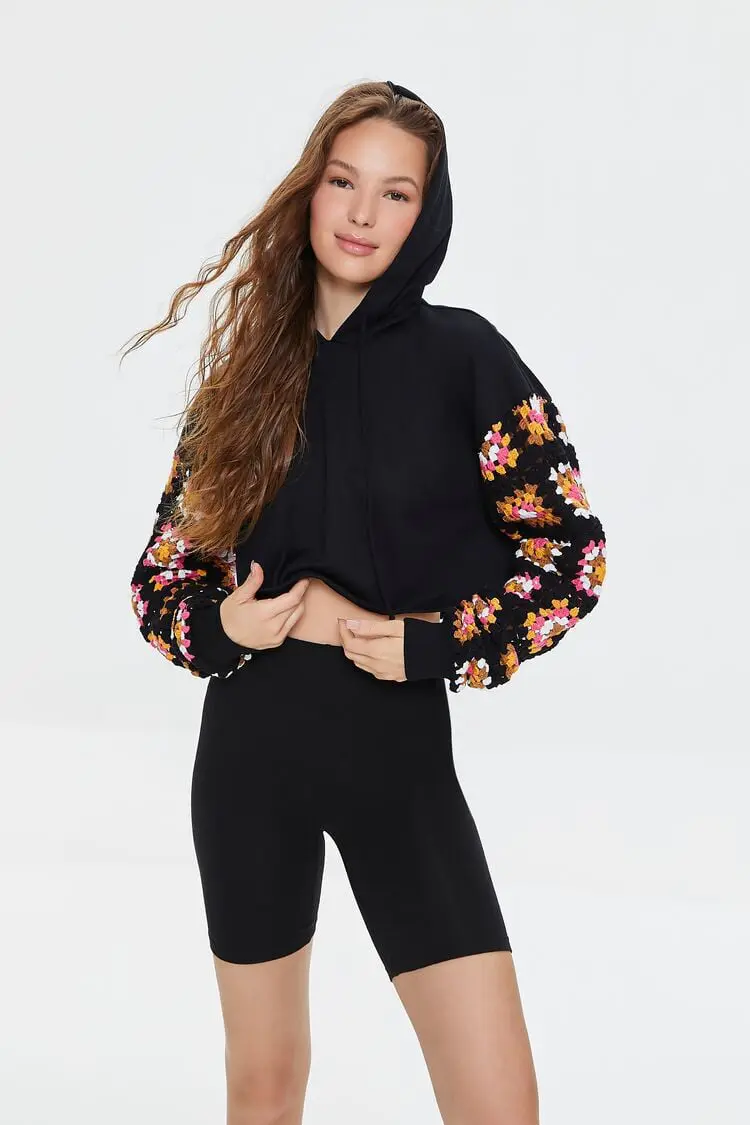 Forever 21 Forever 21 Cropped Crochet Sleeve Hoodie Black/Multi. 1