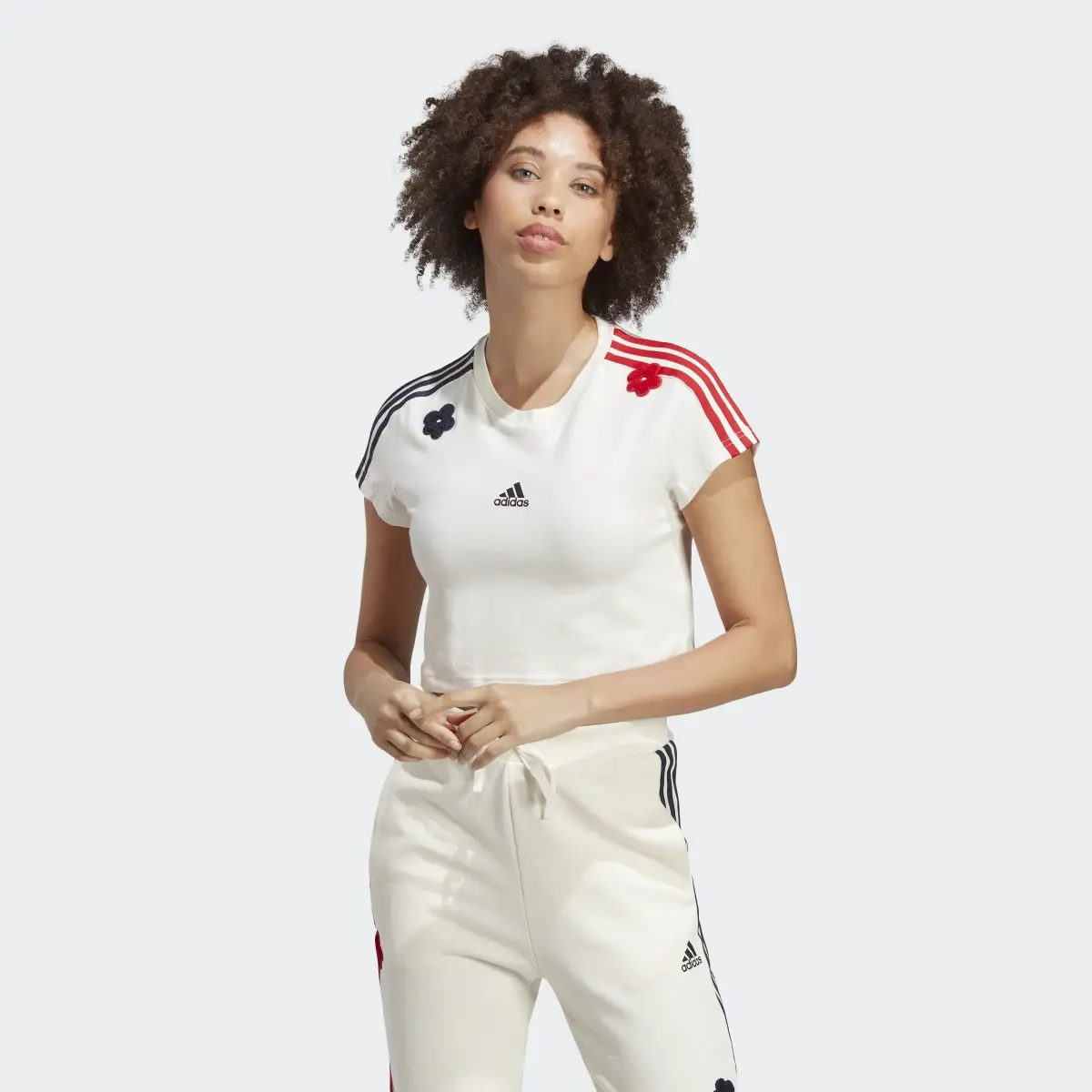 Adidas 3-Stripes Crop Top with Chenille Flower Patches. 2