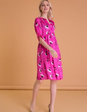 Floral Patterned Short Sleeve Fuchsia Midi Dress